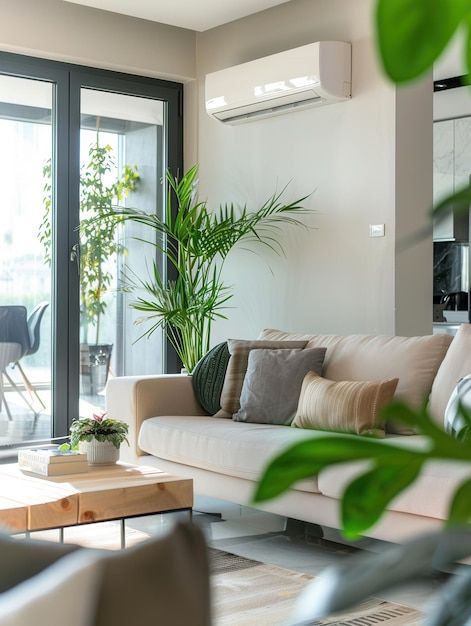 Unité intérieure de climatisation split murale blanche dans un salon moderne et lumineux