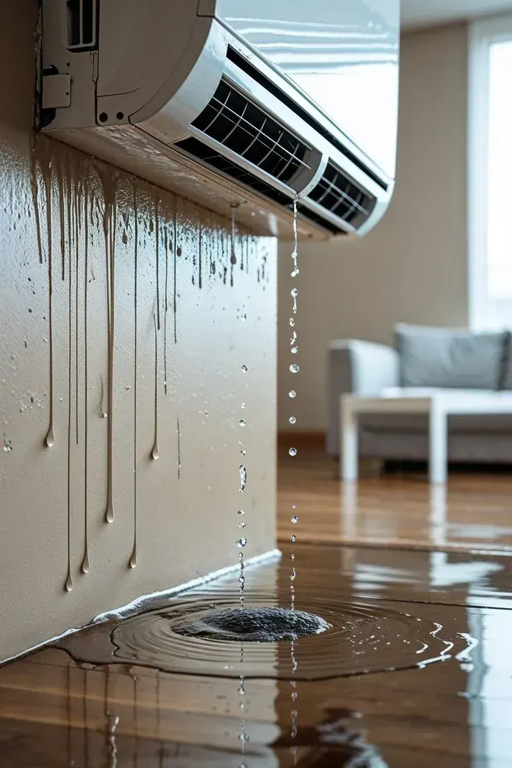 Climatiseur en panne répandant de l'eau sur un plancher en bois, illustrant les dégâts d'une fuite non traitée à Décines-Charpieu