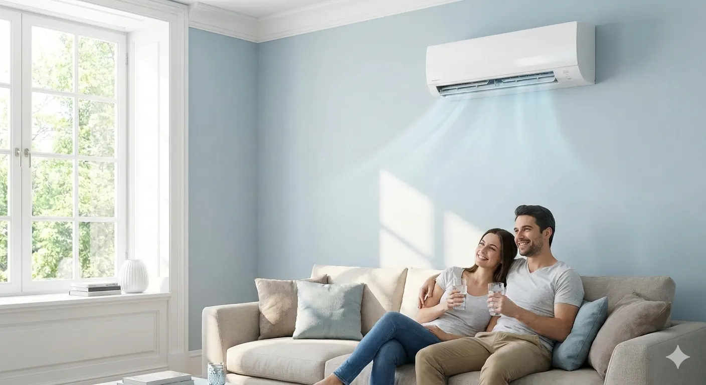 Couple détendu dans son salon d'appartement rafraîchi par un climatiseur split mural blanc