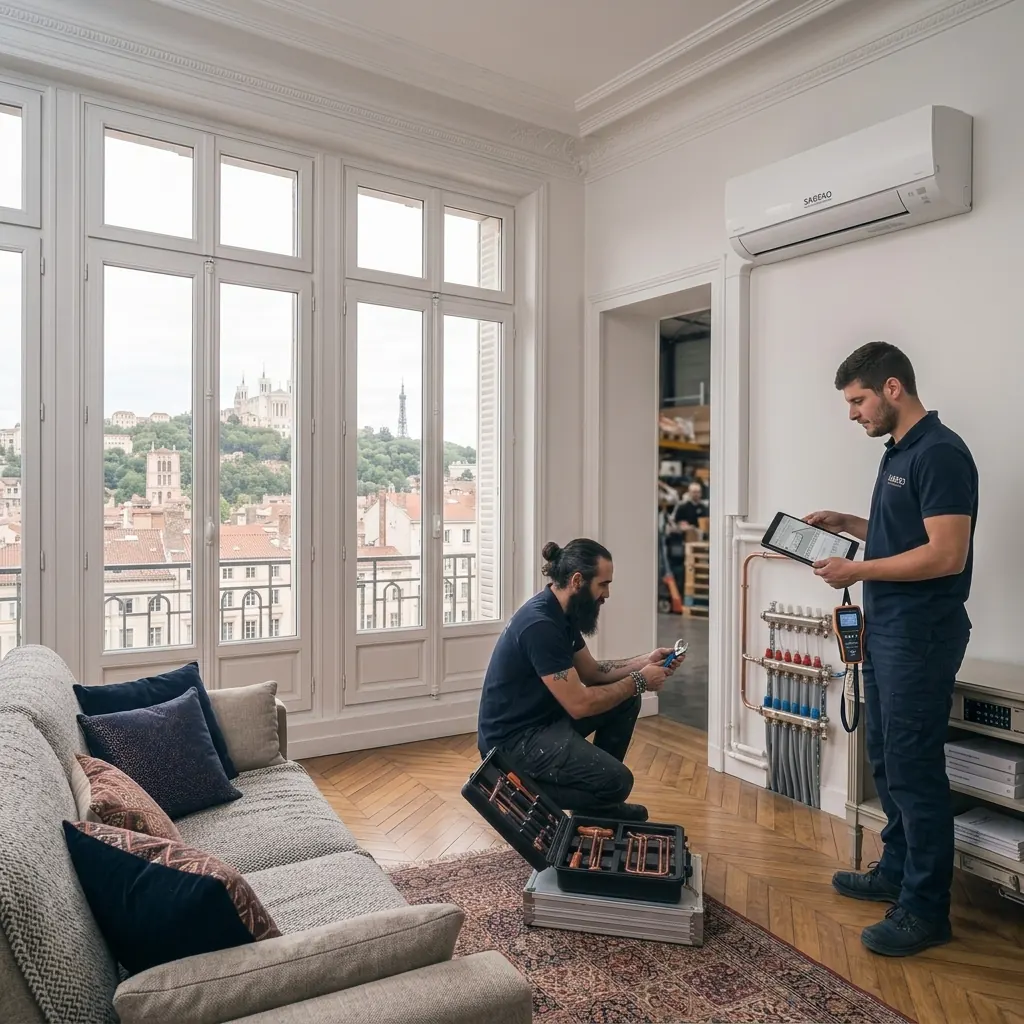 Deux techniciens SABEKO au travail sur un collecteur de chauffage dans un appartement lyonnais, vue sur Fourvière