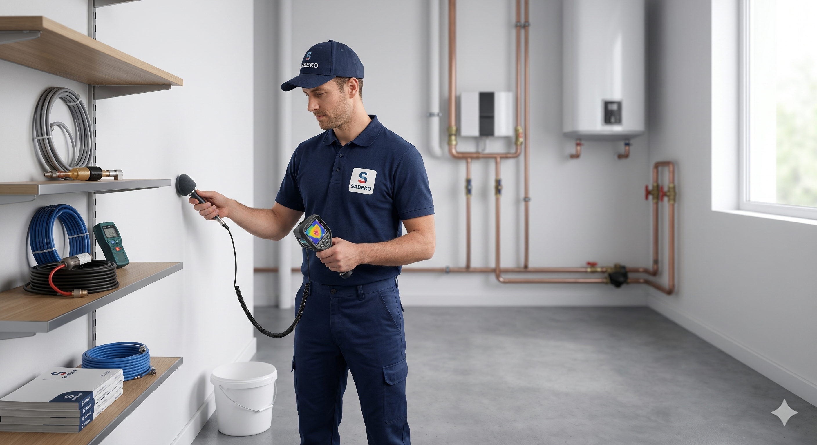Technicien SABEKO utilisant une caméra thermique pour détecter une fuite
