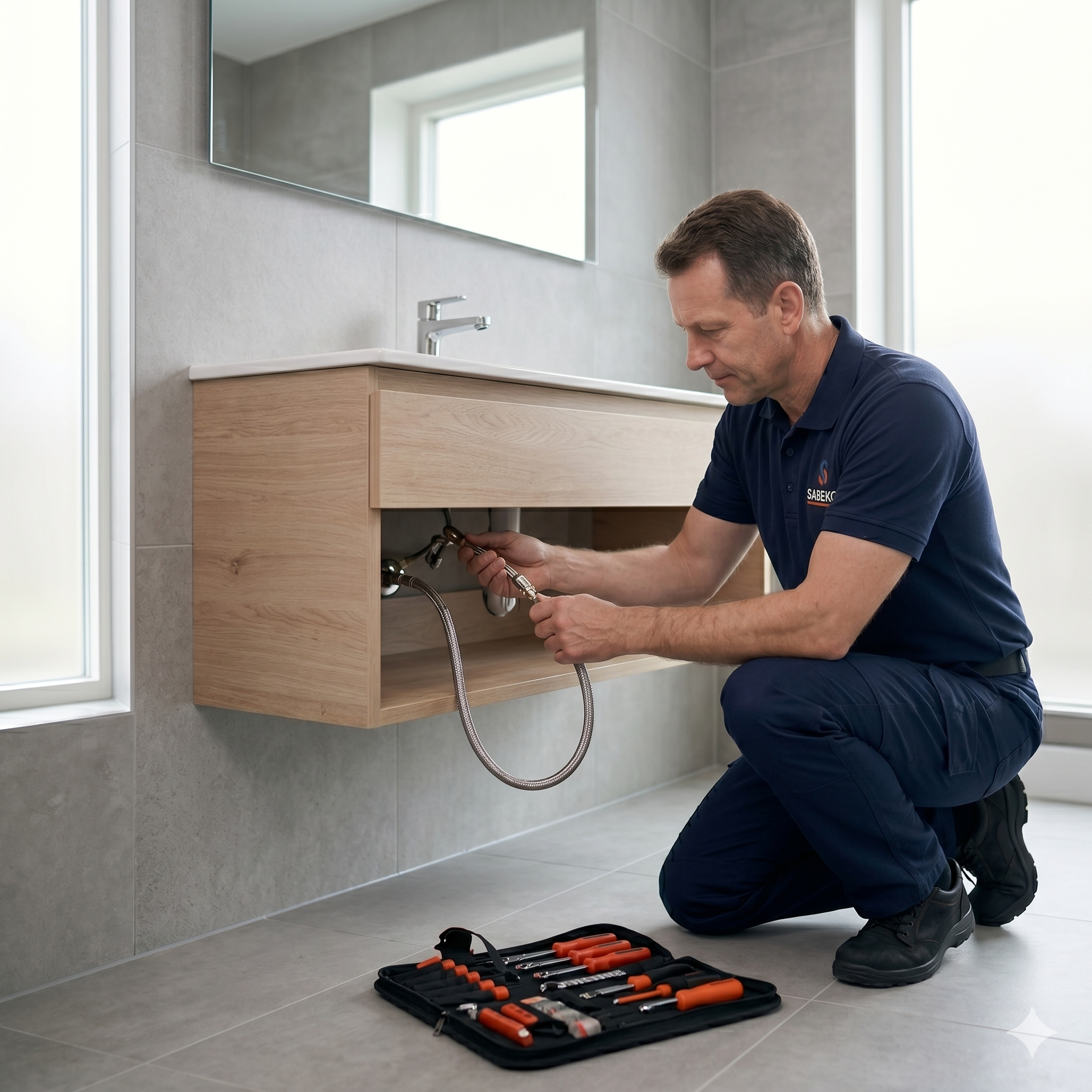 Technicien SABEKO installant des equipements sanitaires modernes