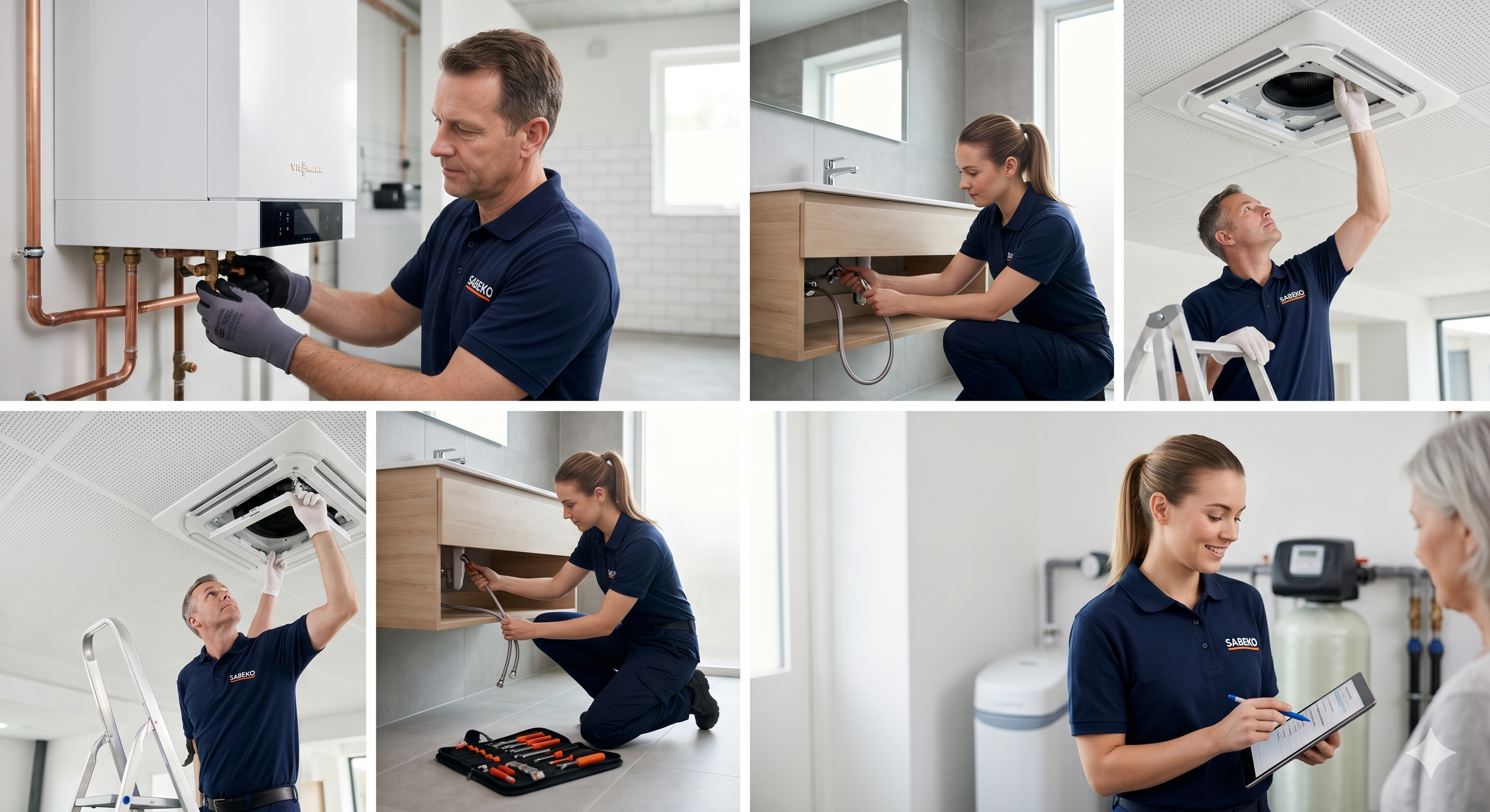 Techniciens SABEKO installant et entretenant des équipements de plomberie, chauffage et climatisation