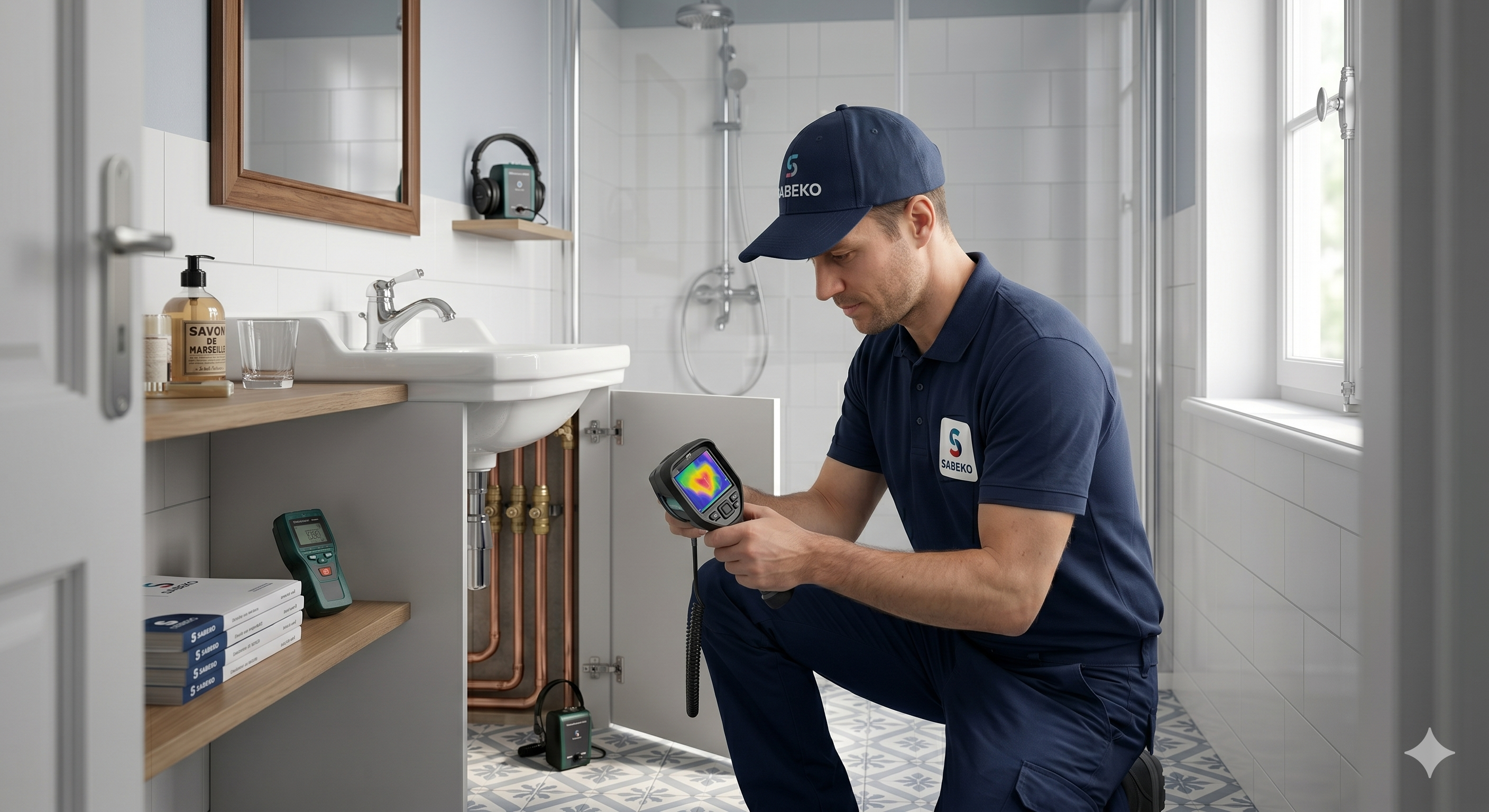 Technicien SABEKO inspectant un equipement sanitaire avec une camera thermique