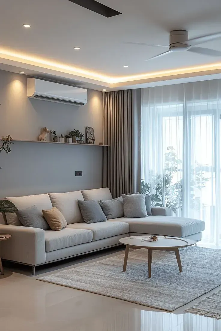 Salon moderne rafraîchi par une climatisation murale pendant une vague de chaleur