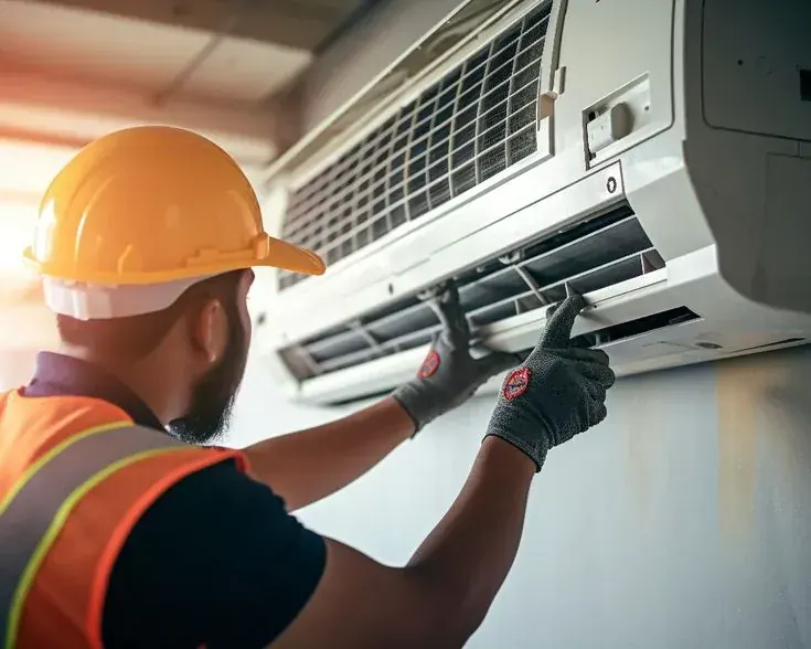 Technicien SABEKO en casque de sécurité diagnostiquant une panne de climatisation
