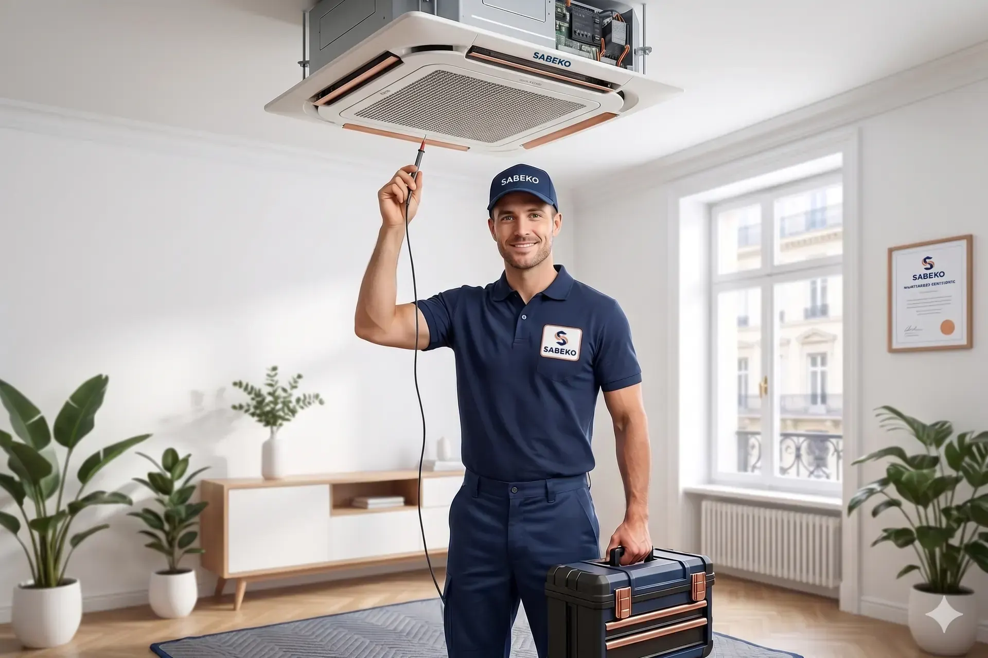 Technicien SABEKO installant une VMC encastrée au plafond d'un logement à Lyon