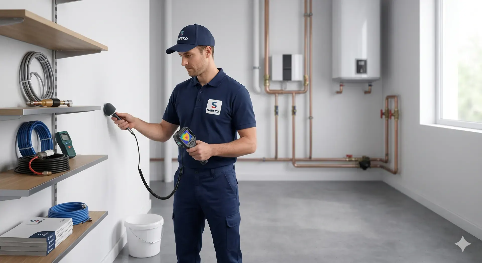Technicien SABEKO inspectant un mur avec une caméra thermique pour détecter une fuite sans le casser