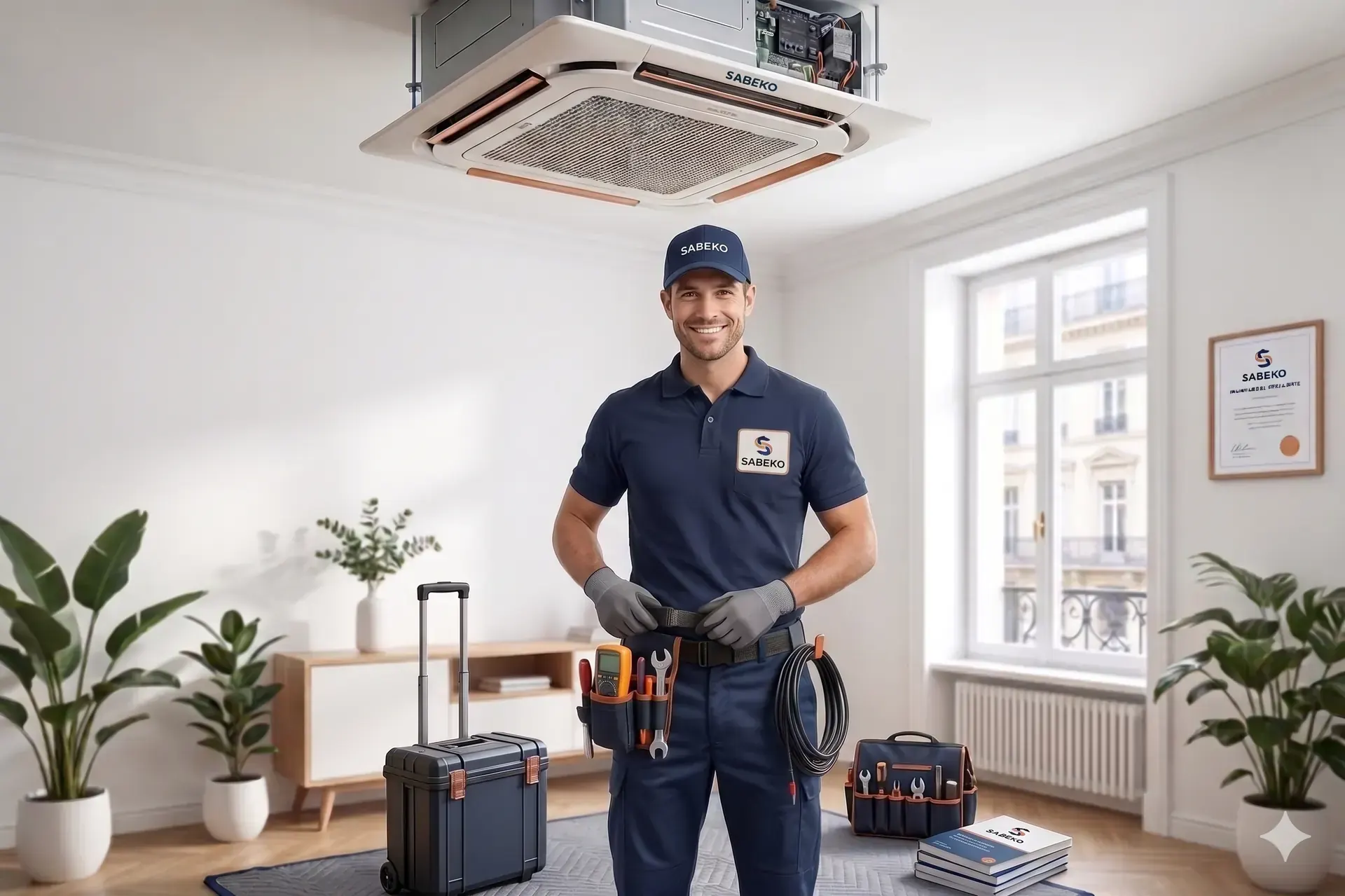 Technicien SABEKO souriant devant un système de Climatisation Réversible en cours d'installation