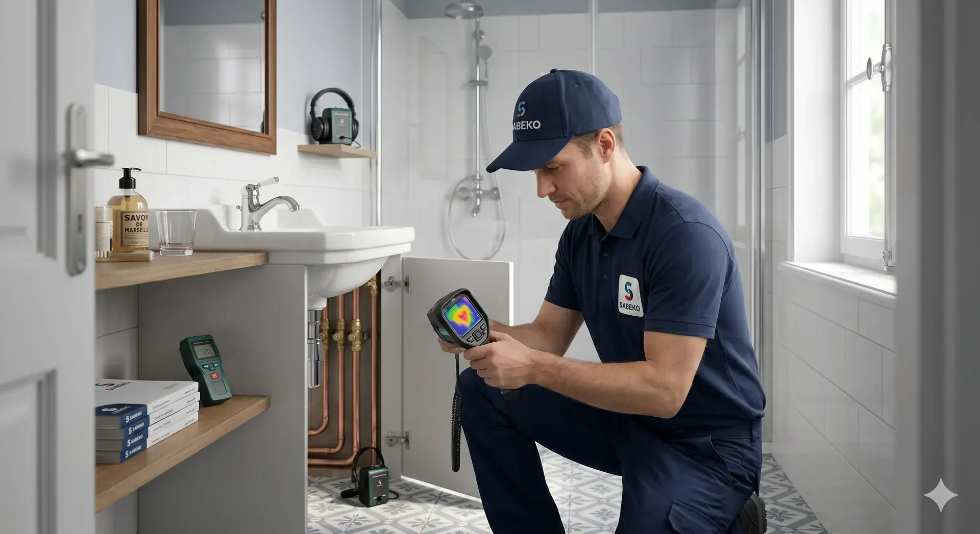 Technicien SABEKO inspectant la plomberie d'une salle de bain avec une caméra thermique, intervention à Charbonnières-les-Bains
