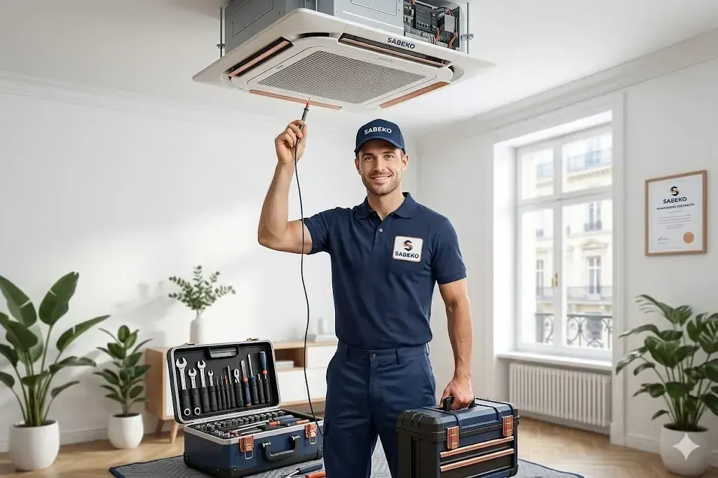 Technicien SABEKO souriant effectuant la maintenance d'un système de climatisation en intérieur