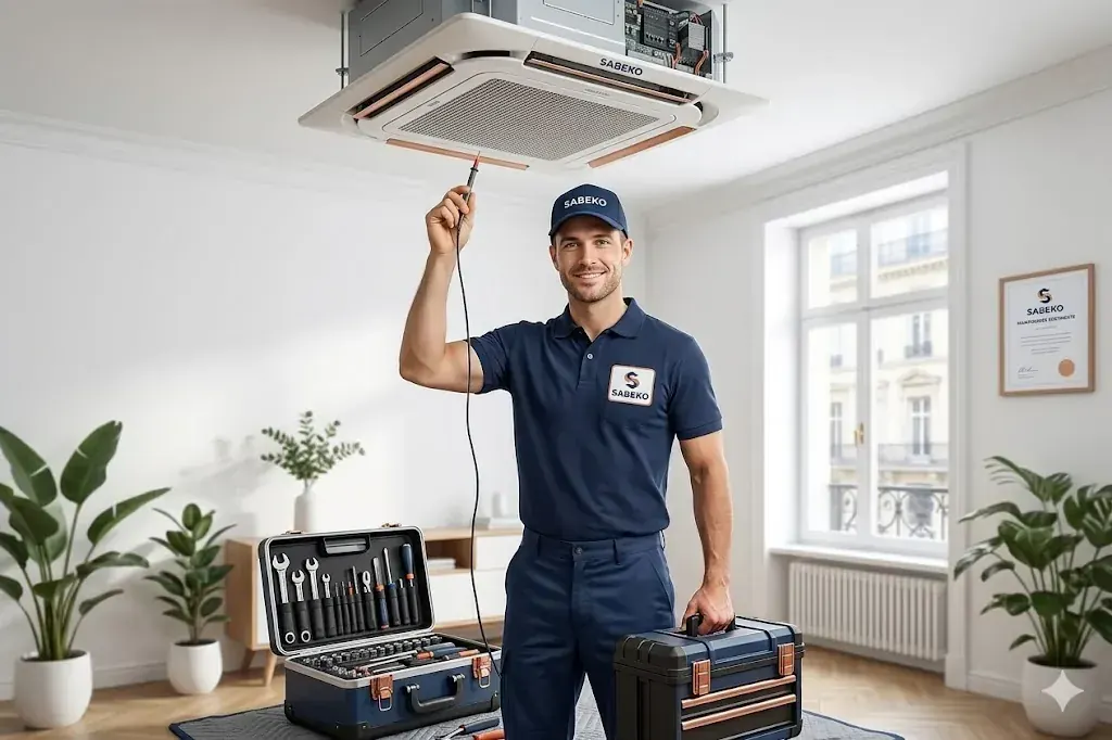 Technicien SABEKO souriant effectuant la maintenance d'un système de climatisation en intérieur